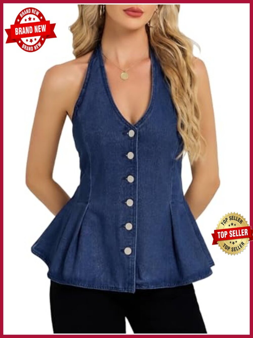 Halter Denim Vest Top Backless Ruffle Hem Sleeveless Button Down Peplum Jean